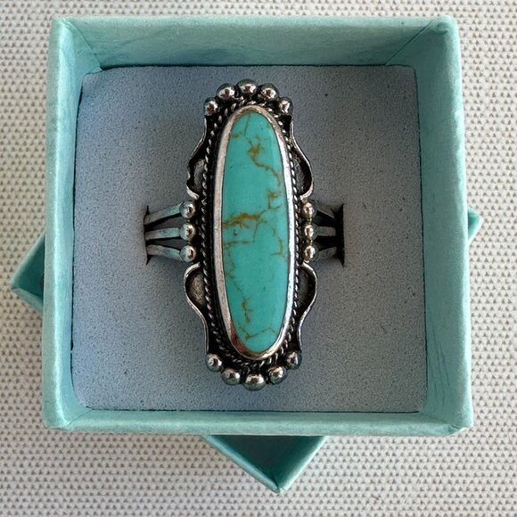 Turquoise Sterling Silver Ring Size 8 Long Oval Southwest Style - Picture 4 of 11